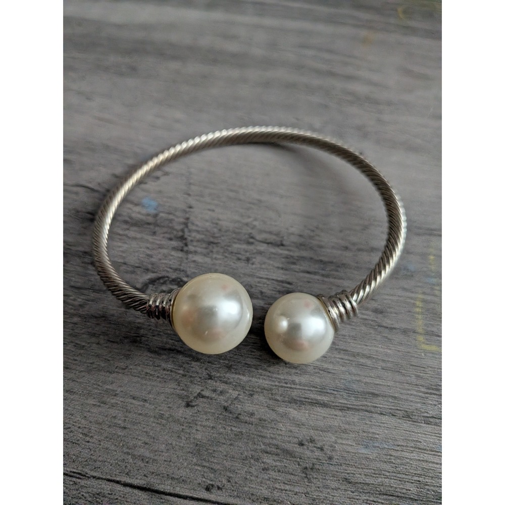 Silver Tone Twisted Cable Cuff Bracelet with Faux Pearl Ends Open Bypass Bangle